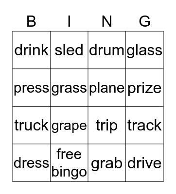 dr / pr / gr / tr sounds Bingo Card