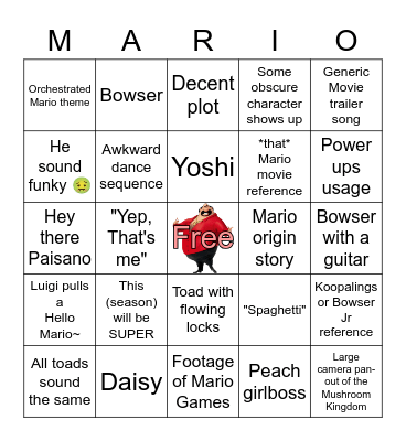 Mario Trailer Bingo Card