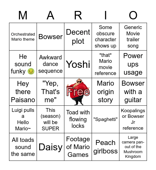 Mario Trailer Bingo Card