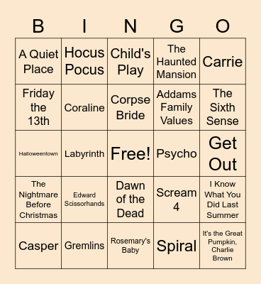 Halloween Movies Bingo Card