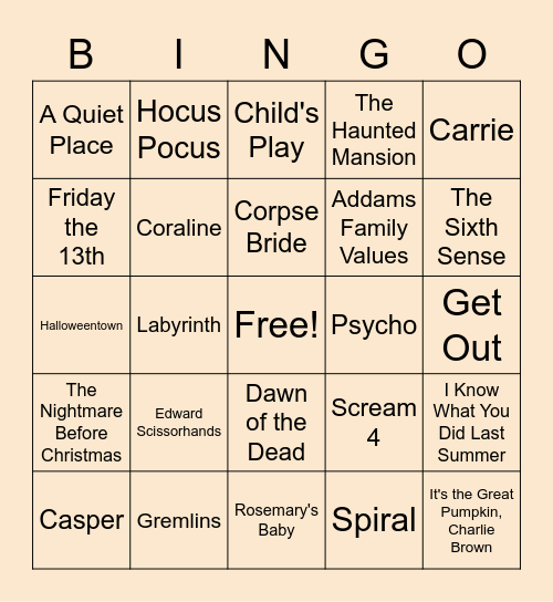 Halloween Movies Bingo Card