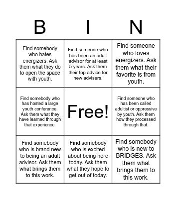 Adult Advisor Bingo Card