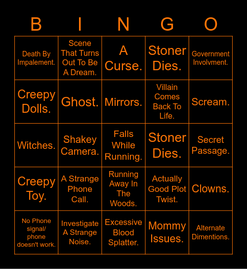 Horror Game Bingo. Bingo Card