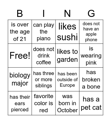 Get to Know Each Other :) Bingo Card