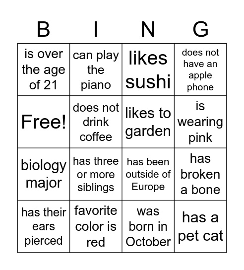 Get to Know Each Other :) Bingo Card