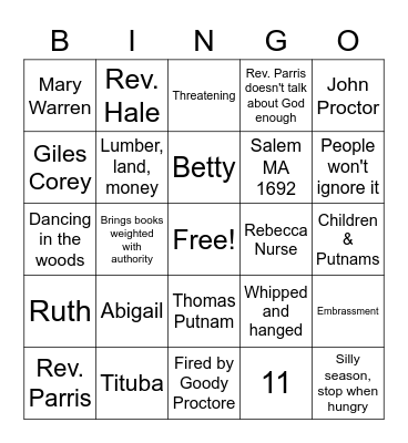 Crucible Act 1 Test Bingo Card