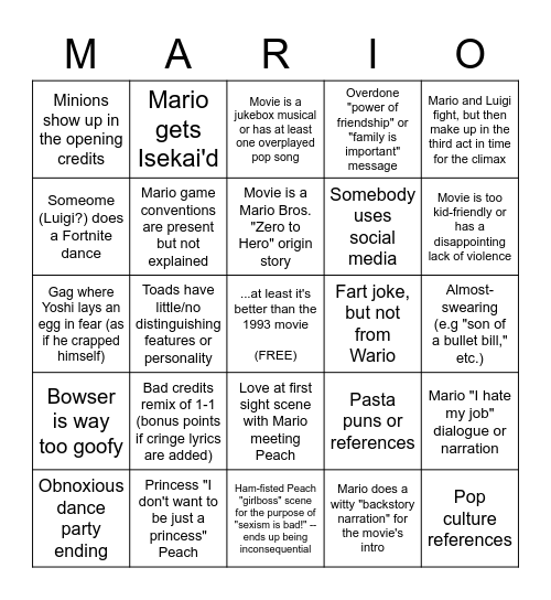 The Skeptic's Mario Movie Predictions Bingo Card