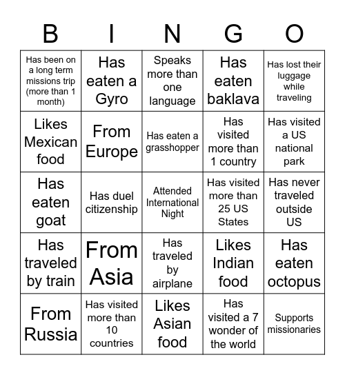 International Night Bingo Card