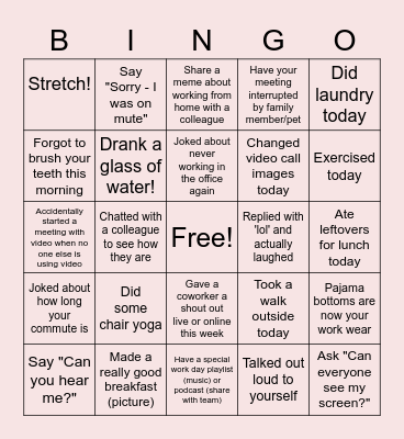 Remote Work Bingo Card