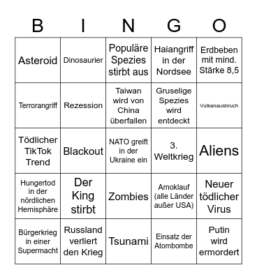 Disaster 2023 Bingo Card