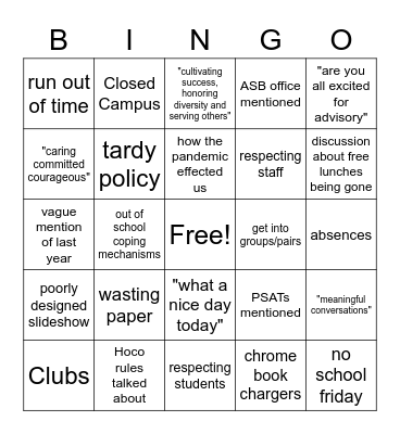 Advisory Bingo 🧑‍🏫😫😳 Bingo Card