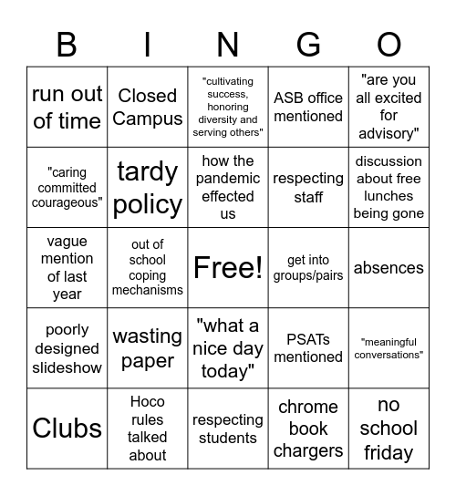 Advisory Bingo 🧑‍🏫😫😳 Bingo Card