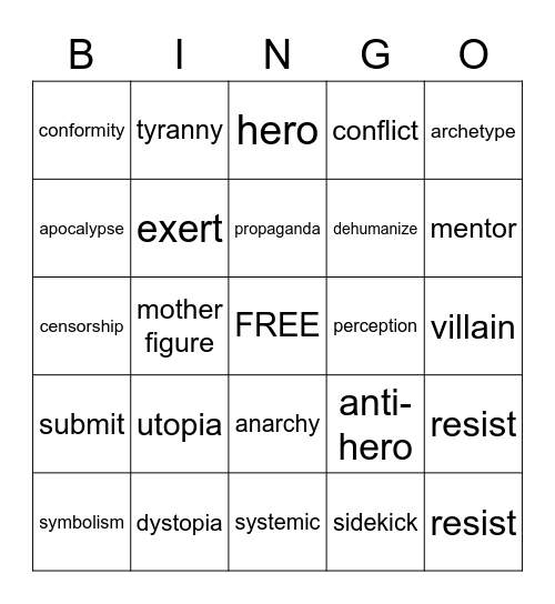 Dystopian Vocabulary Bingo Card