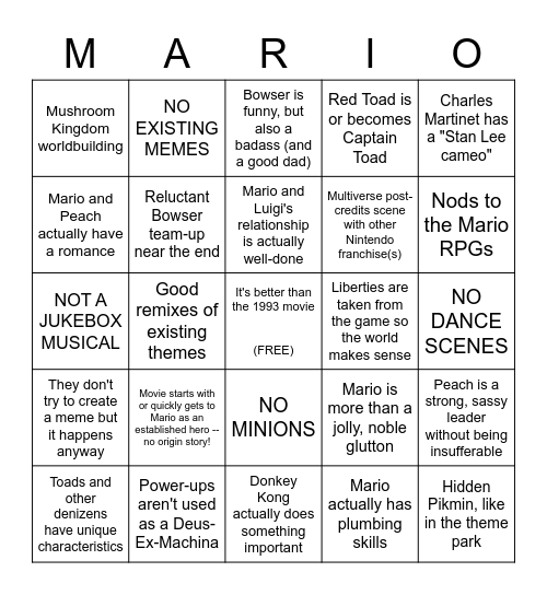 Mario Movie Wishlist Bingo Card