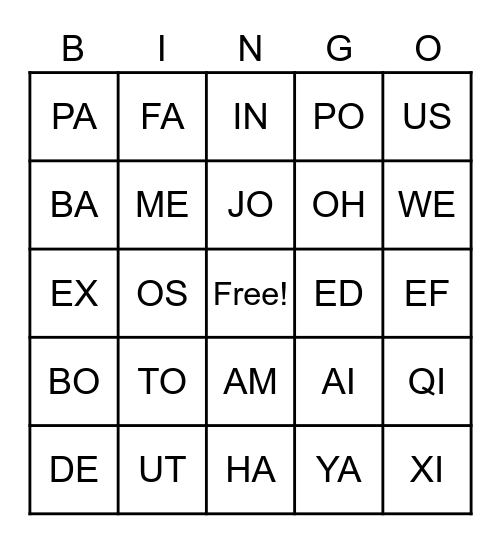 Two letter Scrabble Words Bingo Card