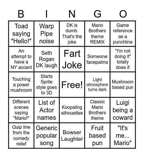 Mario Trailer Predictions Bingo Card