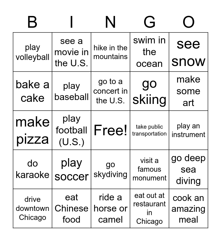 Have you ever. . .Present Perfect Bingo Card