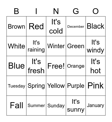 Colors and Seasons Bingo Card