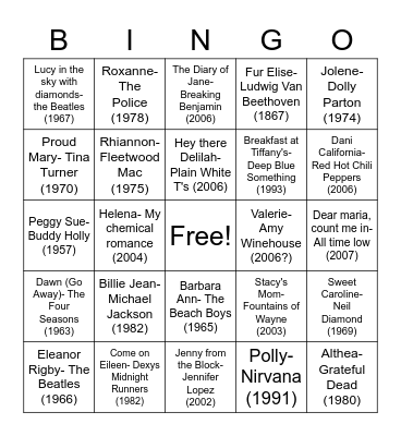 Songs with Girls' names in the title Bingo Card
