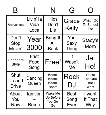 Cheesy Songs Bingo Card