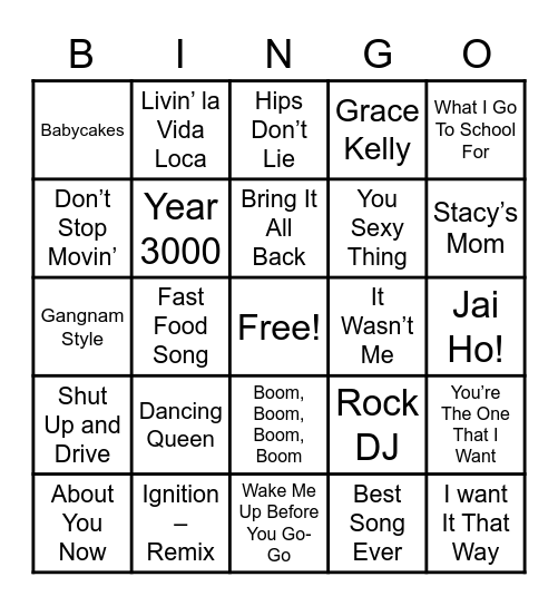 Cheesy Songs Bingo Card