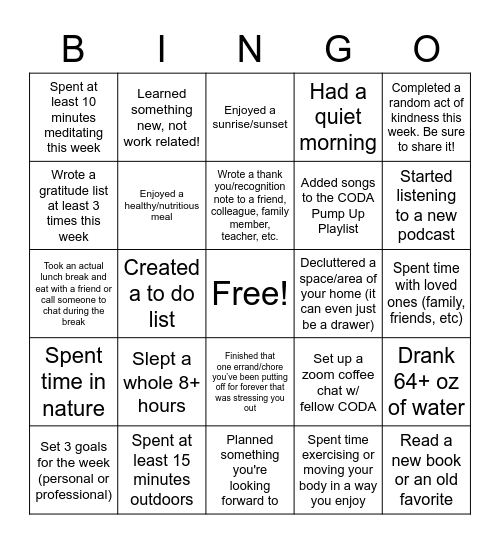 Wellness Week Bingo Card