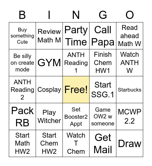 Productivity Bingo 10/5-10/7 Bingo Card