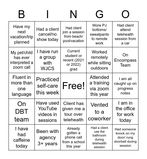 WJCS Staff Bingo Card