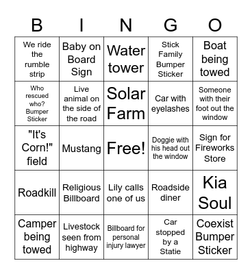 Ohio Road Trip Bingo Card