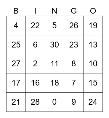 Numeros 0-30 Bingo Card