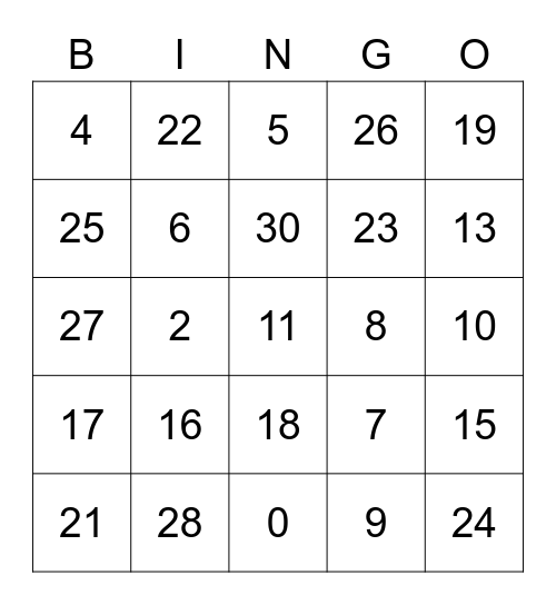 Numeros 0-30 Bingo Card