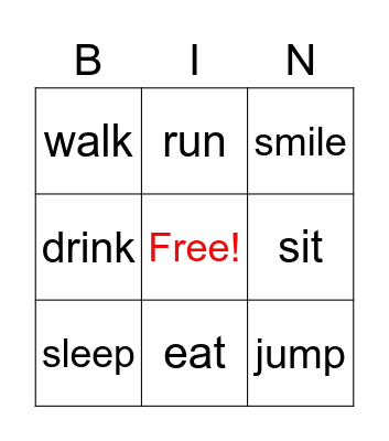 Action words Bingo Card