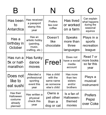 Get to Know You BINGO! Bingo Card