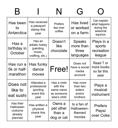 Get to Know You BINGO! Bingo Card