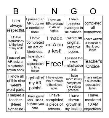 8th Grade ELA BINGO for 2nd Nine Weeks Bingo Card