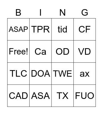 Abbreviations Wk 8 Bingo Card