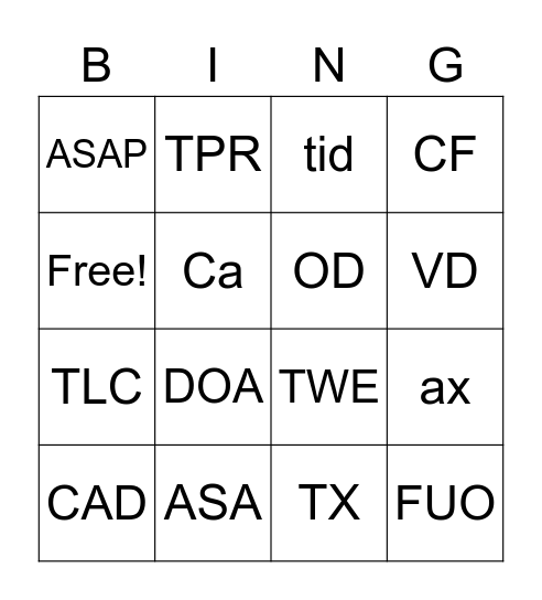 Abbreviations Wk 8 Bingo Card