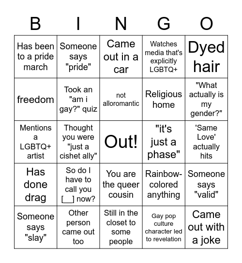 Coming Out Day Bingo Card