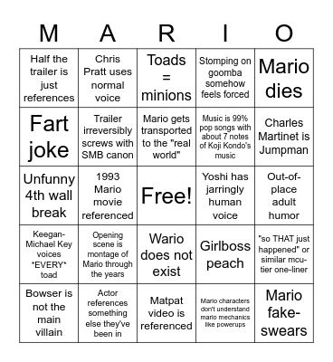 Mario Movie Trailer Bingo Card