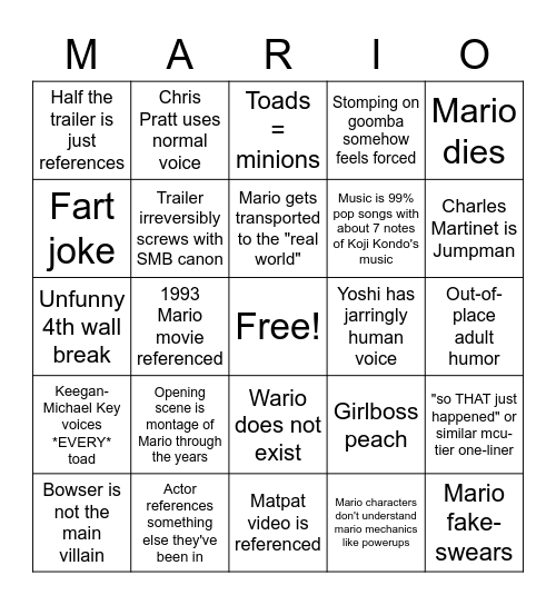 Mario Movie Trailer Bingo Card