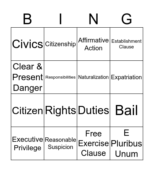 Unit 4 Vocabulary Bingo Card