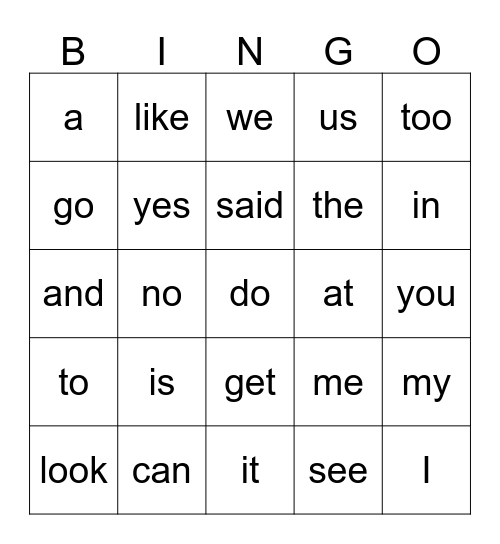 Sight Word Bingo Card