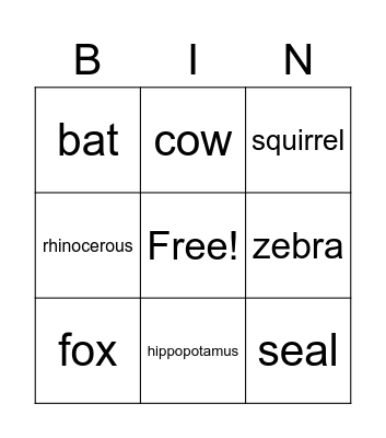 Animals Bingo Card