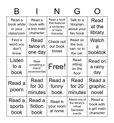 TeenTober Library Bingo Card