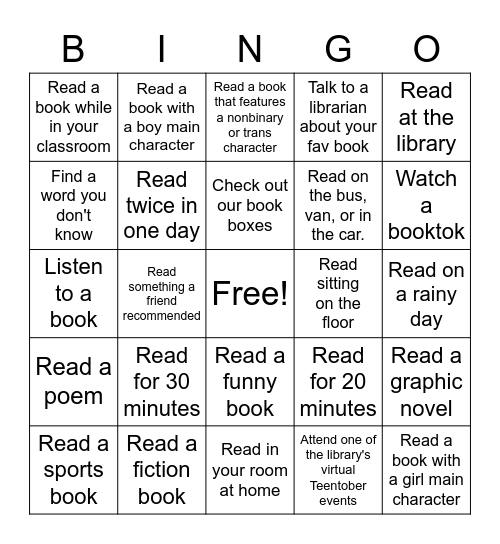 TeenTober Library Bingo Card
