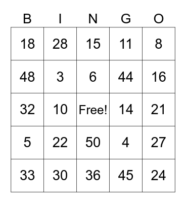 Multiplication Bingo Card