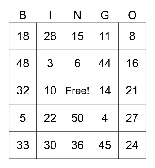 Multiplication Bingo Card