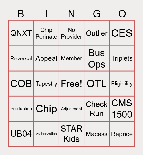 TCHP Claims Dept Bingo Card