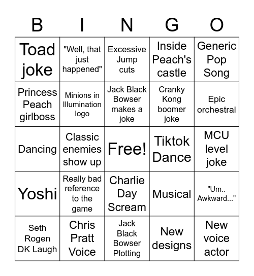 Mario Movie Trailer Bingo Card