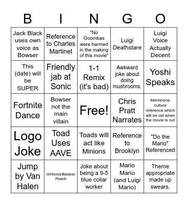 Mario Movie Trailer BINGO Card